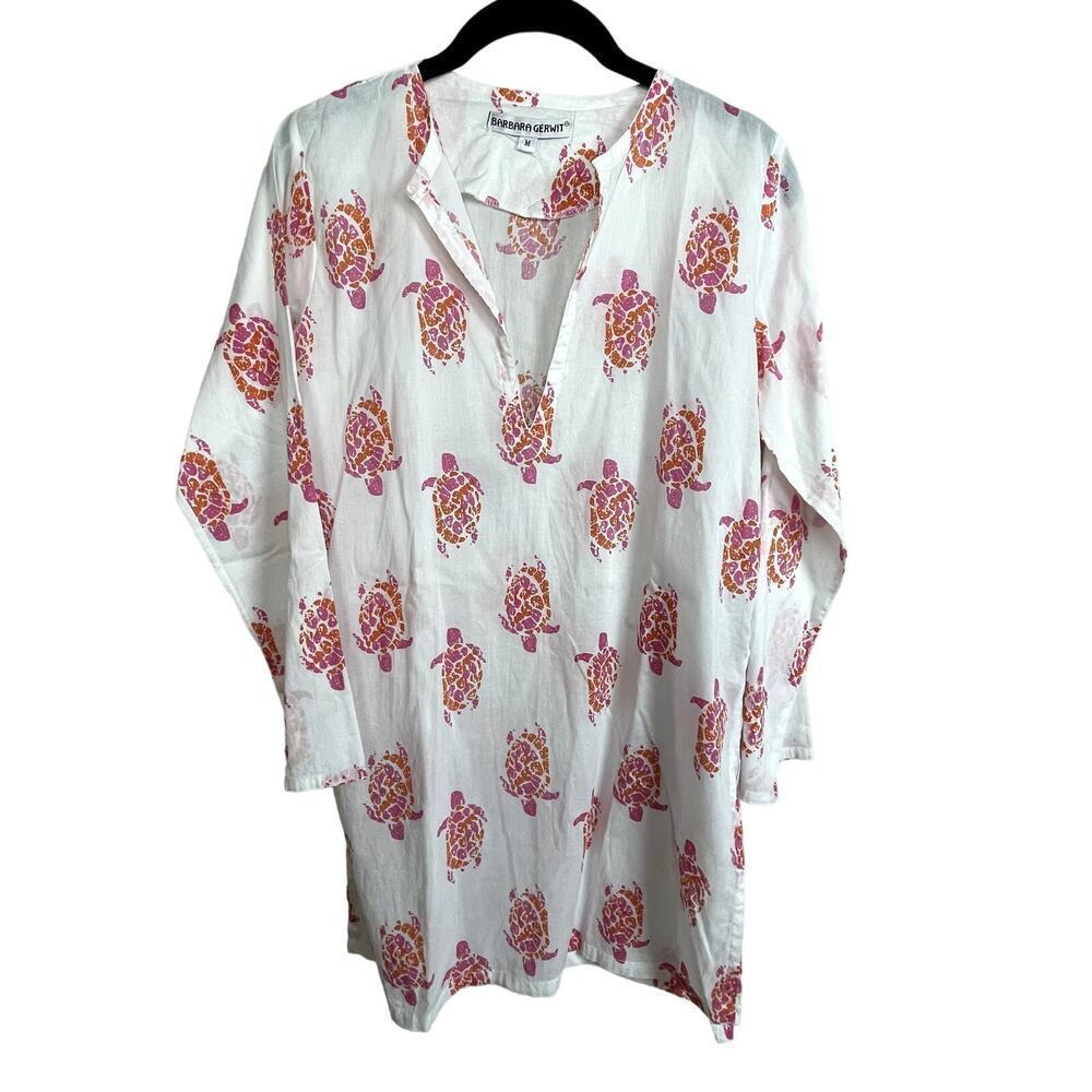 Barbara Gerwit Cotton Tunic Top M White Red Orange‎ Turtle Print Side Slits